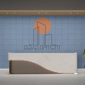 Wizualizacja paneli akustycznych z zadrukowanym logotypem firmowym