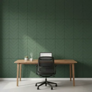 Wizualizacja ściany w pokoju, na ścianie zielony panel akustyczny z filcu BaffleTone